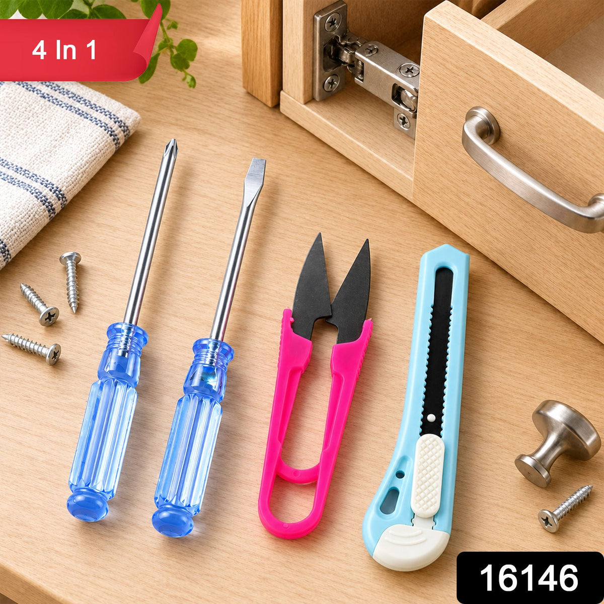 Two blue screwdrivers, pink thread snips, and a light blue utility knife on a wooden surface next to an open cabinet drawer.
