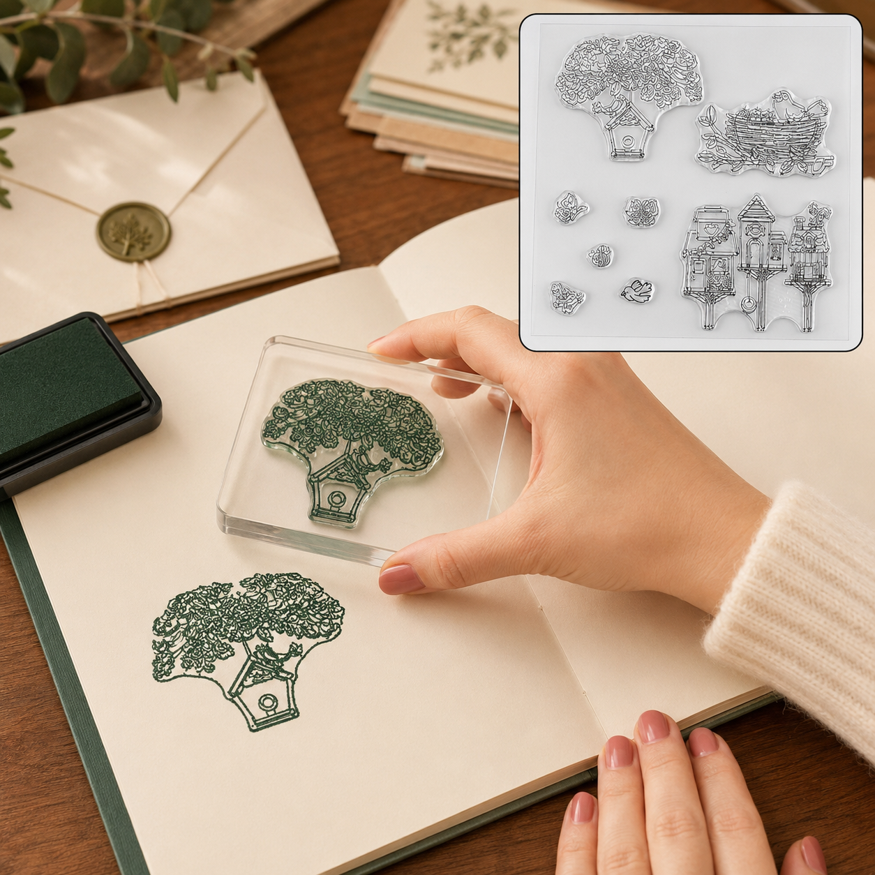A hand presses a clear rubber stamp of a tree and birdhouse onto a notebook page, leaving a green ink impression.