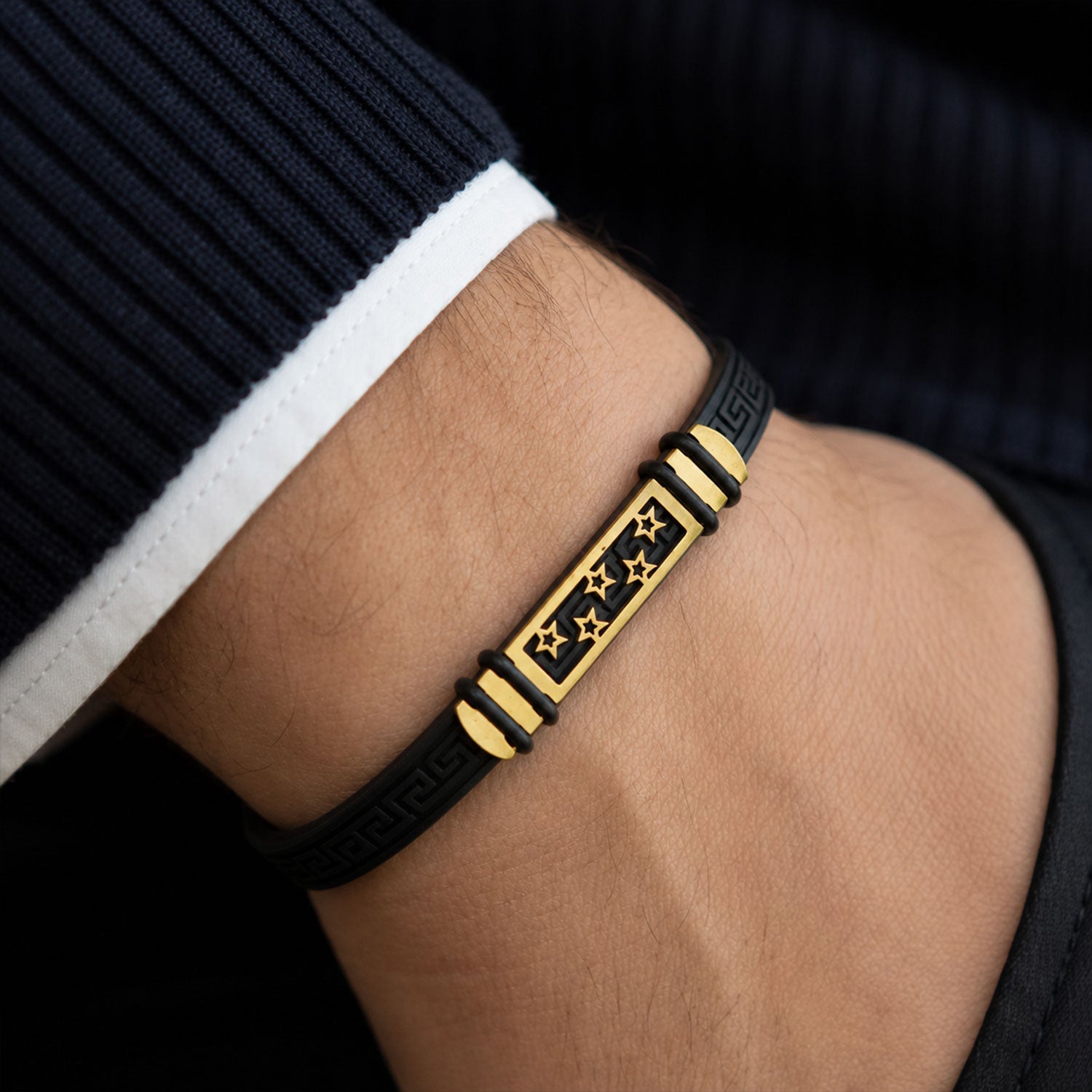 Star Cutout Bracelet Rakhi with Black Band and Gold-Silver Plate for Raksha Bandhan