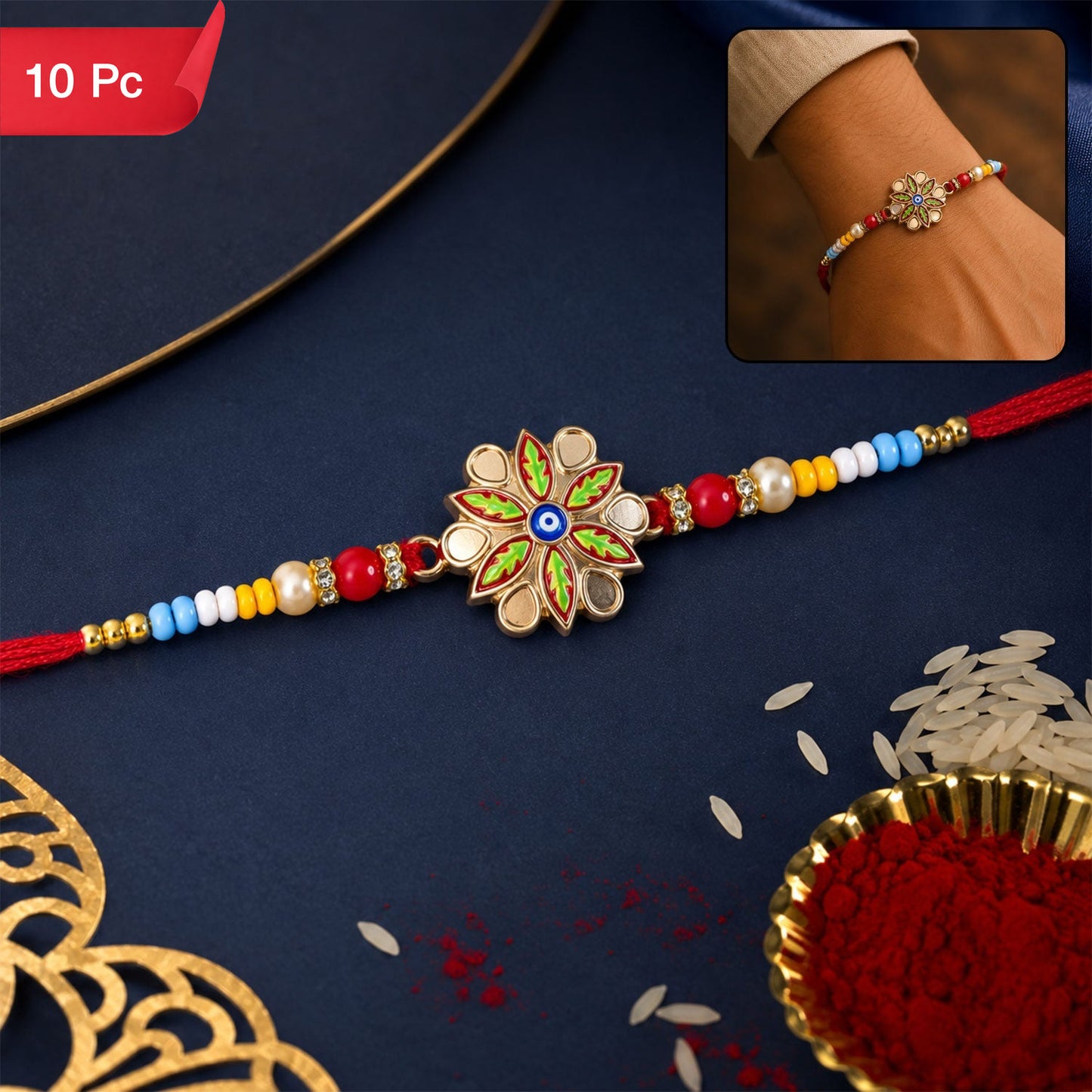 Rakhi for Brother Golden Meenakari Evil Eye with Beads (10pcs)