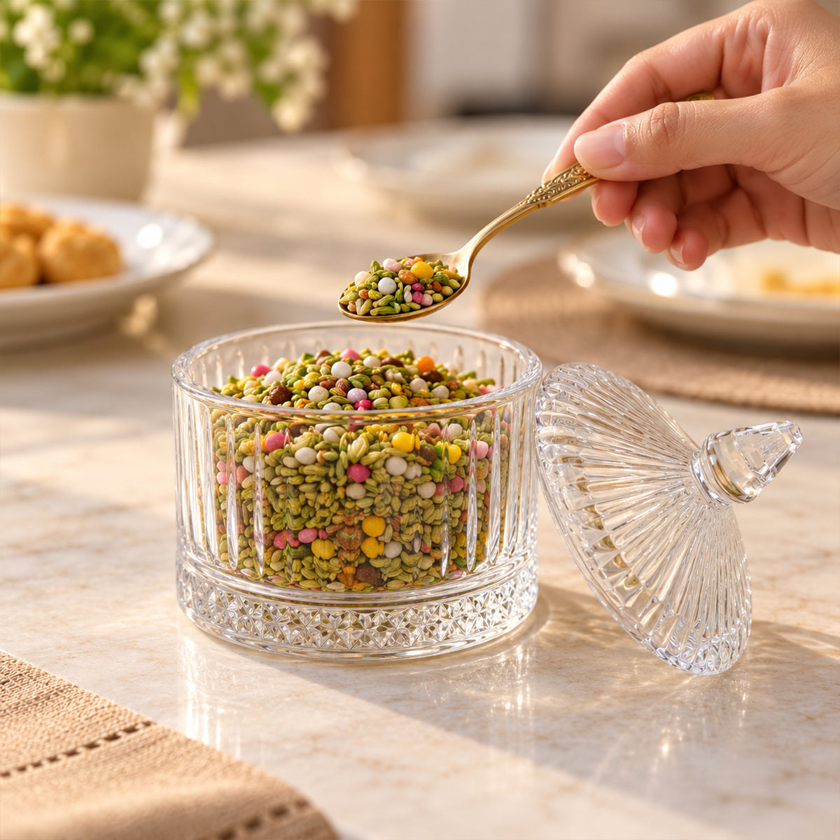 Decorative Glass Candy Jar with Patterned Lift-Off Lid (240 ml, 1 Pc)