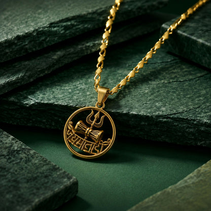 Close-up of sacred Lord Shiva inspired pendant, gold finish