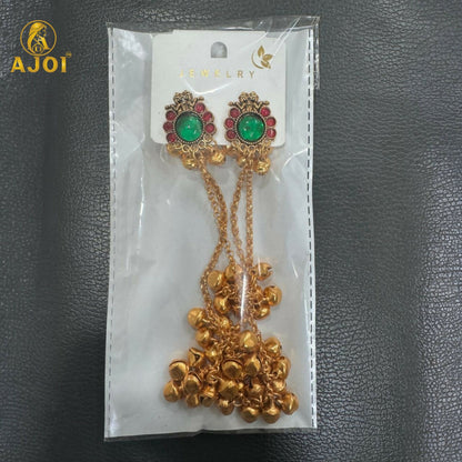 Elegant gold-plated ear cuff chain earrings featuring dual chain design and ornamental bells