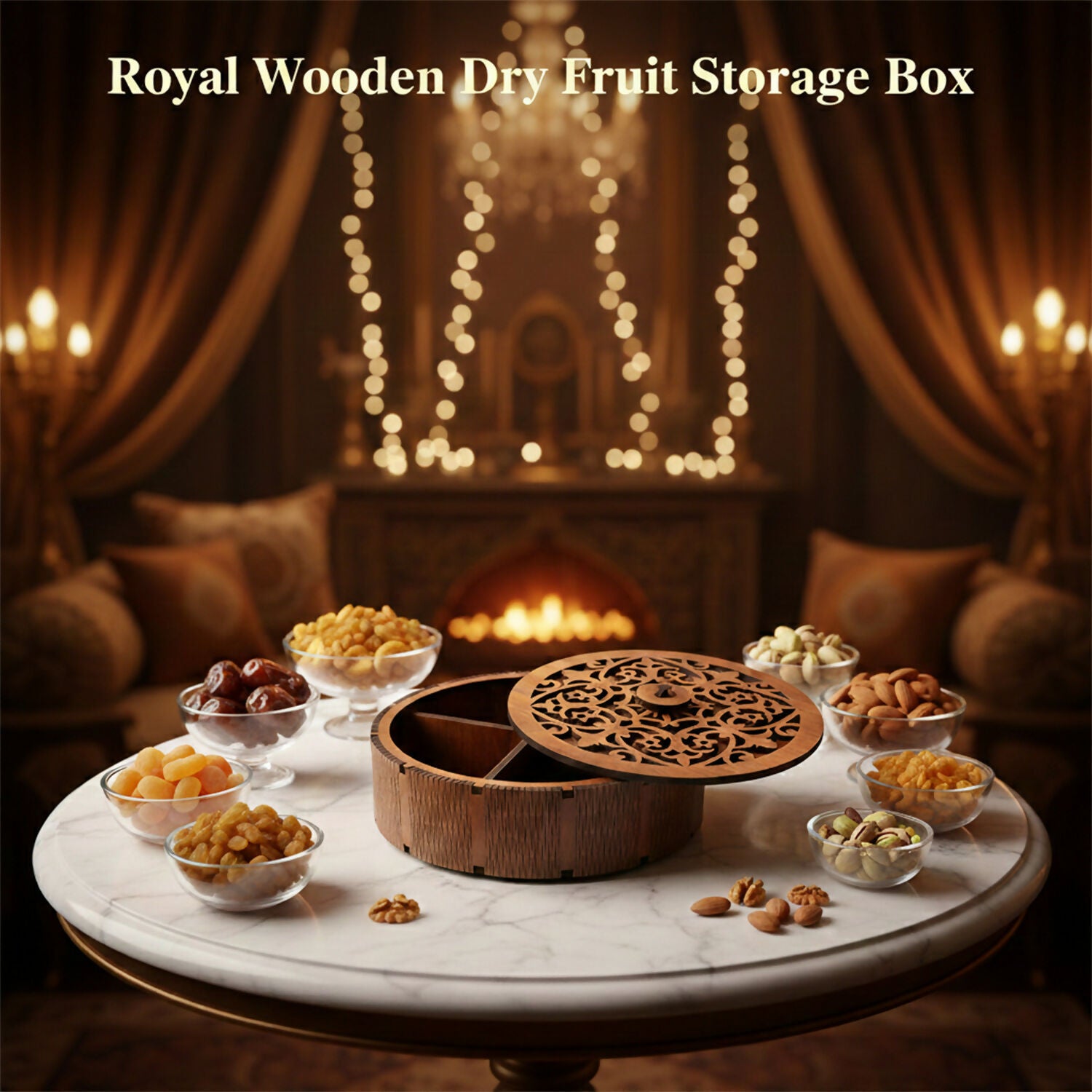 Dry fruit storage box filled with nuts and sweets for festive serving