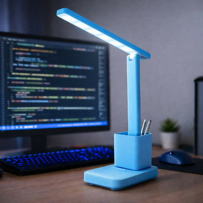 Blue LED study lamp with pen holder on a desk