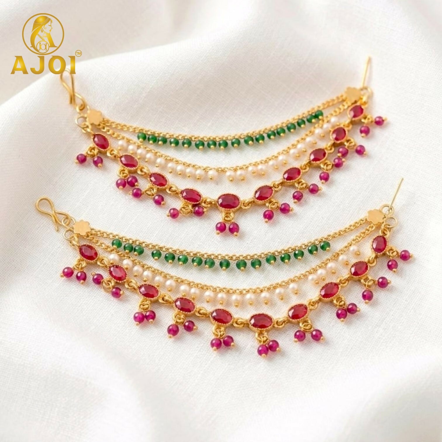 Jewellery – Traditional Indian Multi-Layer Chain Earrings with Ruby & Pearls