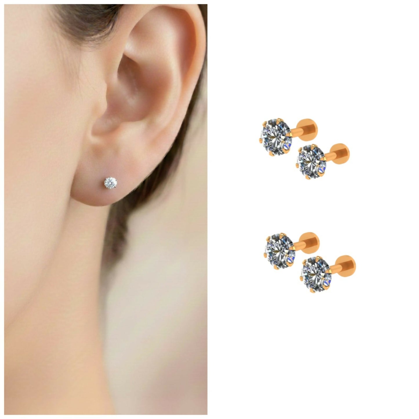 Gold plated AD flat back stud earrings combo pack for comfortable everyday wear.