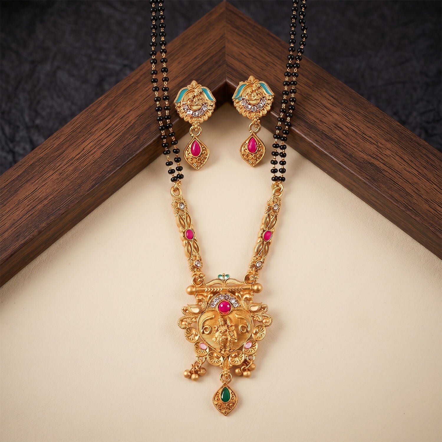 Antique Finish Radha Krishna Deity Medallion with Teal Enamel Drop Earring Set Double Strand Mangalsutra