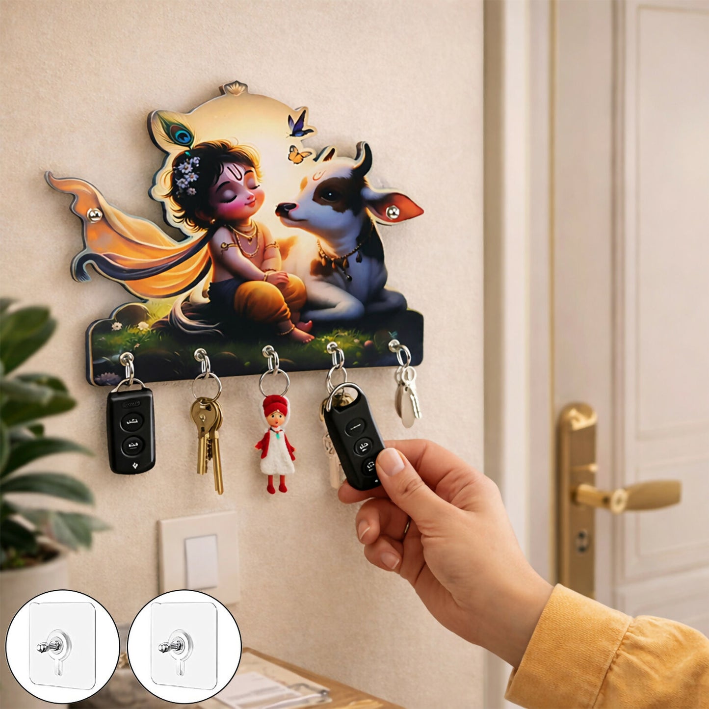 Decorative Krishna Cow Design Wall Key Holder with 5 Hooks – No Drilling Required