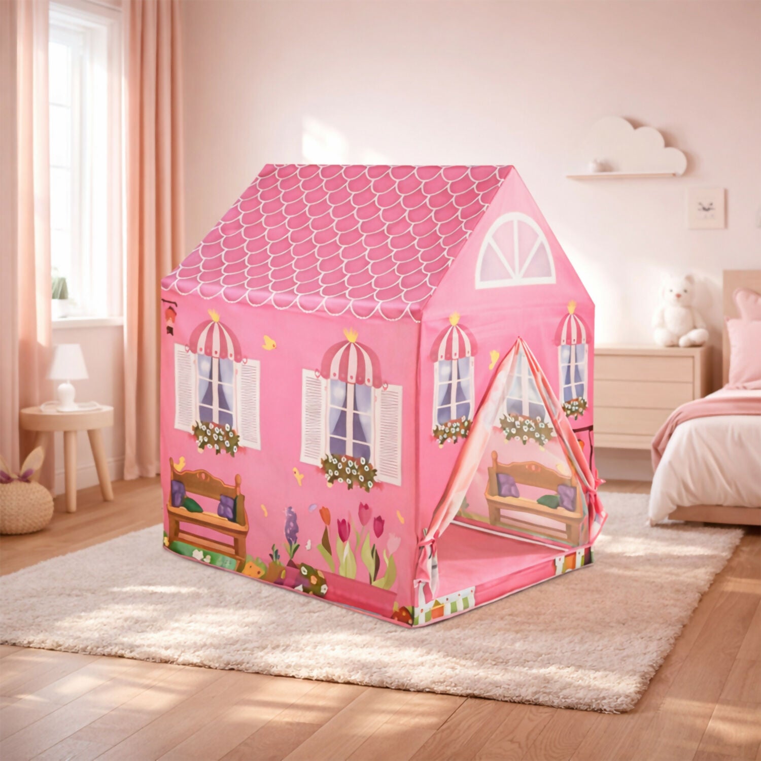 Pink Foldable Kids Play Tent House with Printed Home Design for Indoor & Outdoor Fun