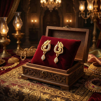 Traditional Curved Leaf Style Gold Stud Earrings With Crystal Detailing And Drop Charm