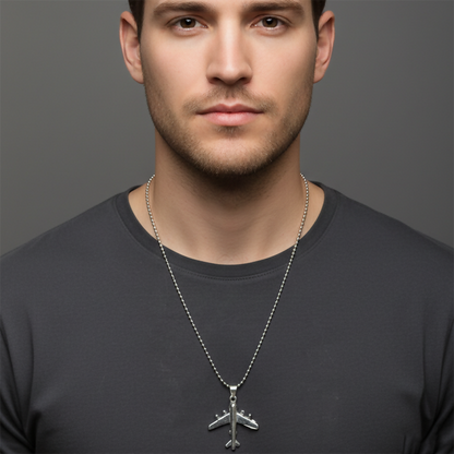 Stylish Aeroplane Shape Silver Tone Pendant Necklace for Men