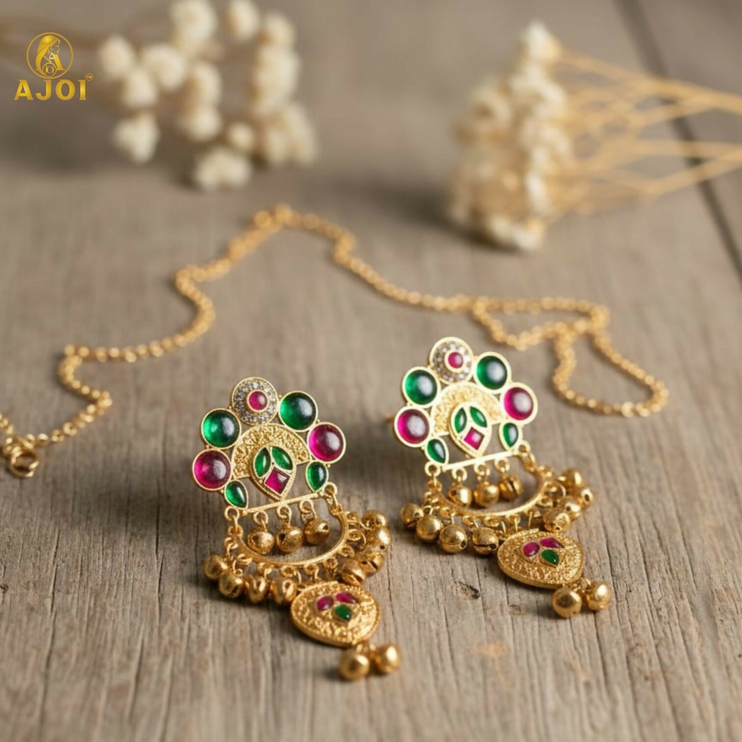 Kasmiri Gold-Plated Chandbali Earrings with Green & Pink Stones