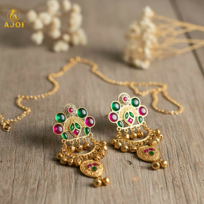 Kasmiri Gold-Plated Chandbali Earrings with Green & Pink Stones