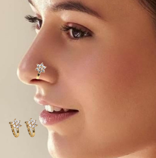 Gold Plated Floral Crystal Clip-On Nosepin for women and girls combo pack of 2