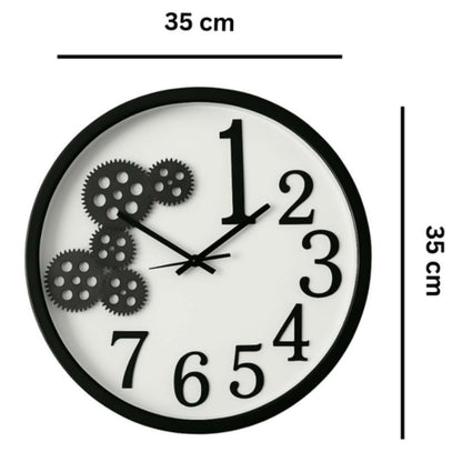 Modern Black & White Gear Design Wall Clock – 35 cm Large Decorative Round Analog Clock with Silent Quartz Movement, Stylish Number Pattern – Living Room, Bedroom & Office Wall Décor
