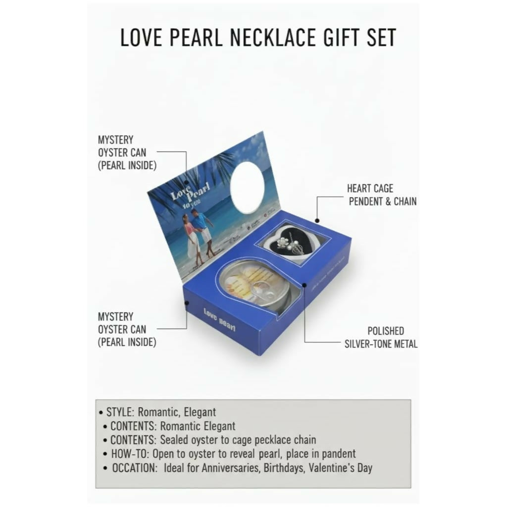 A blue gift box with an open lid is labeled with descriptions of its contents, including a pearl and pendant.