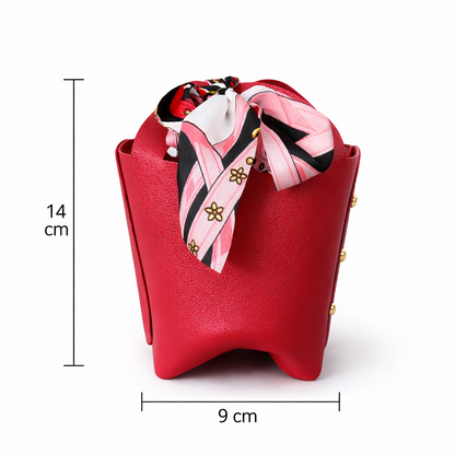 Mini Red Handbag with Printed Scarf | Stylish Bucket Purse for Women