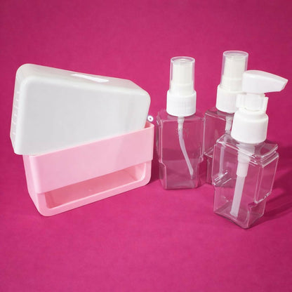 Close-up of pump dispenser bottle in pink travel set