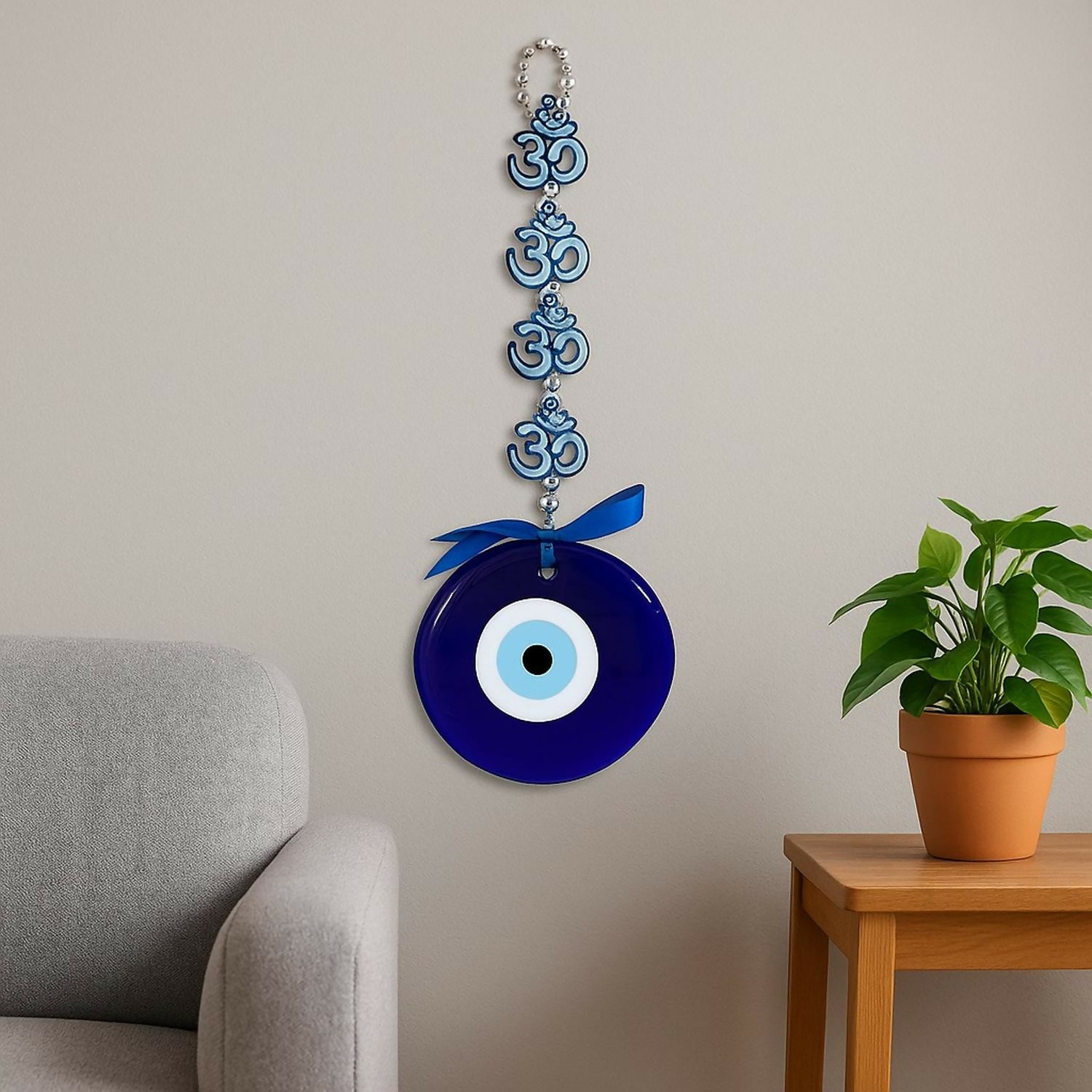 Evil Eye Wall Hanging with Blue Lotus & Om Design – Nazar Battu Hanging for Home, Office & Car Décor, Protection Symbol with Decorative Ribbon, Good Luck Charm, Gift Item (Blue)