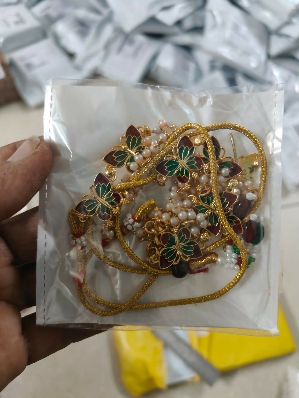 Gold-Plated Maroon & Green Enamel Butterfly Necklace Set with Pearl Drops