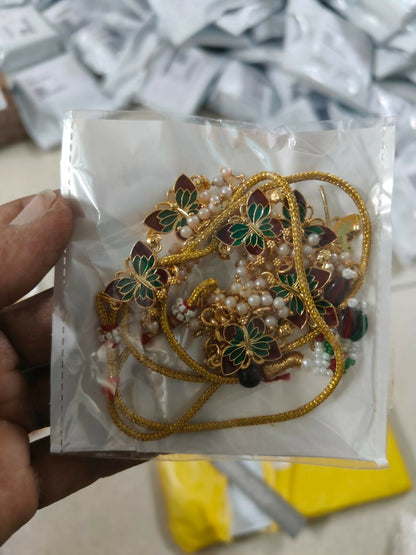 Gold-Plated Maroon & Green Enamel Butterfly Necklace Set with Pearl Drops