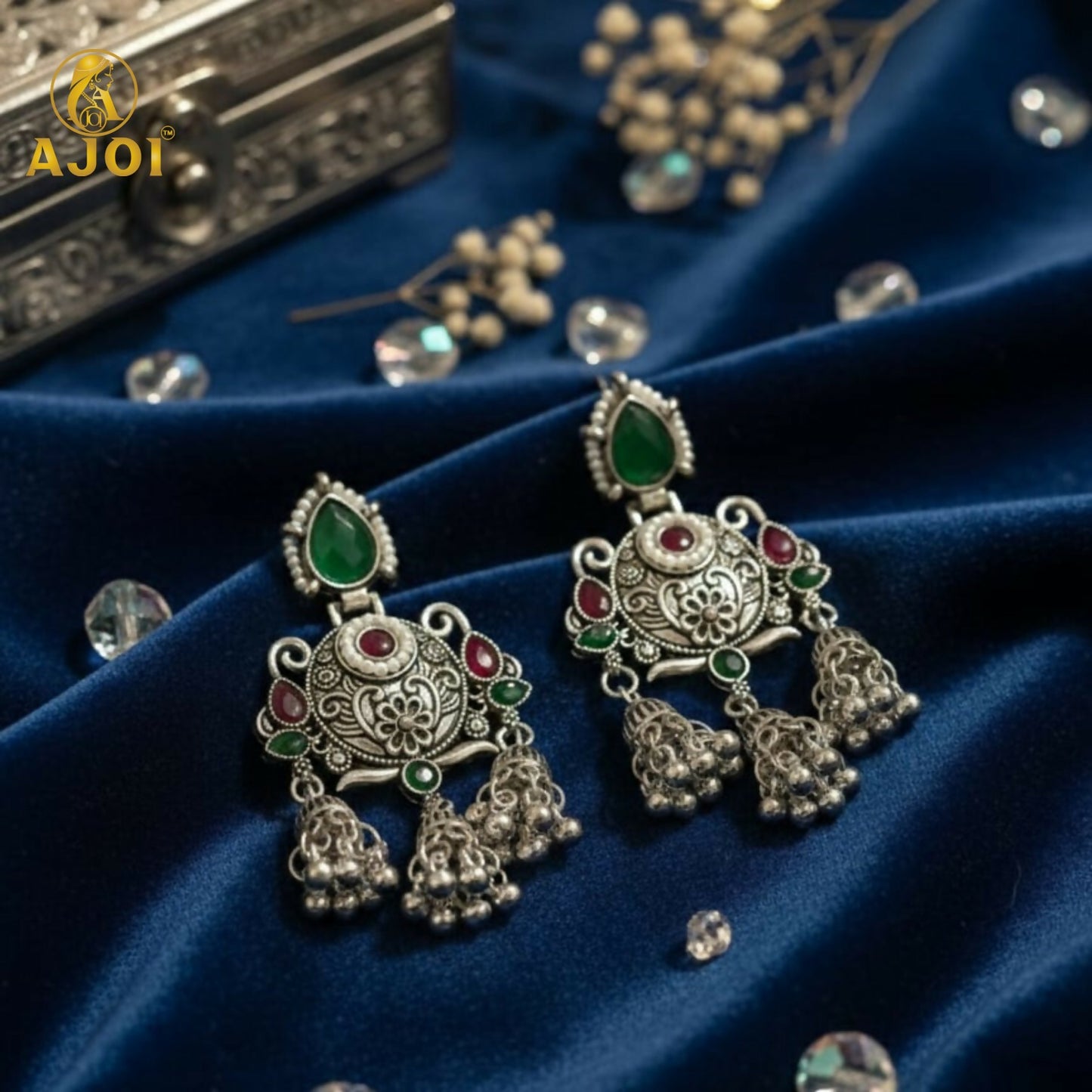 Premium Oxidised Silver Chandbali Jhumka Earrings with Green Stone
