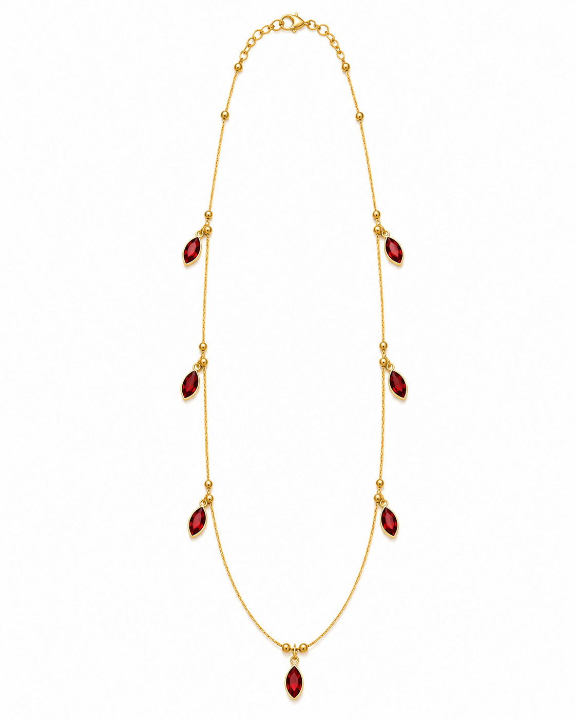 A simple studio shot of the gold-plated chain necklace, showcasing all red marquise-cut crystal pendants evenly spaced along