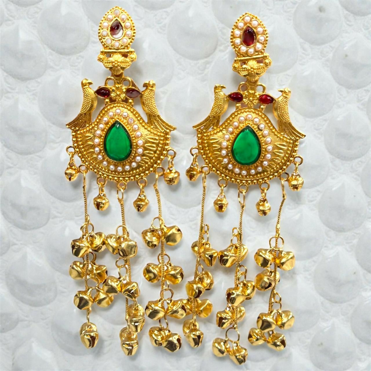 Traditional Kashmiri Gold-Plated Jhumka Earrings with Green Stone & Ghungroo Drops