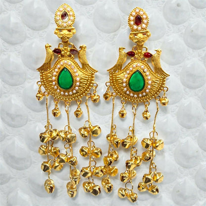 Traditional Kashmiri Gold-Plated Jhumka Earrings with Green Stone & Ghungroo Drops