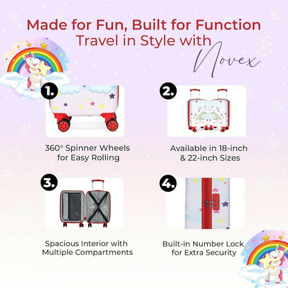 Close-up of Novex unicorn rainbow trolley bag with 4 spinner wheels