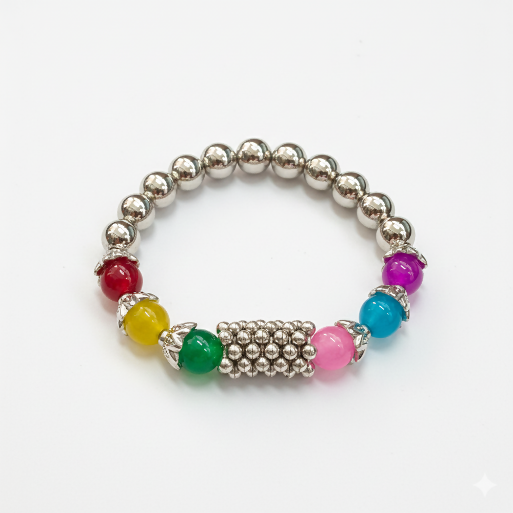 Multi beads and silver bracelet showing bead colors and texture