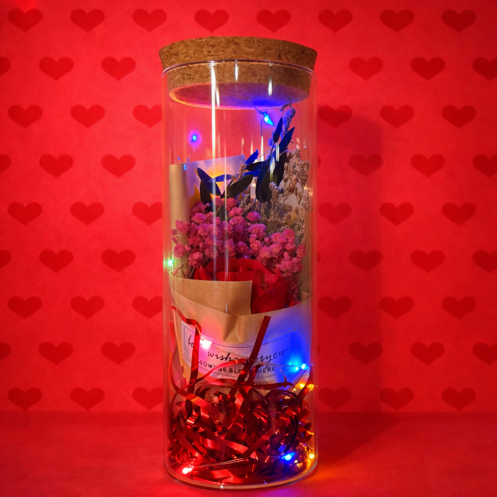 LED Glass Dome Flower Bouquet Gift Jar with Cork Lid & Fairy Lights (ANY COLOR)