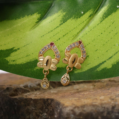 Modern Floral Gold Finish Stud Earrings With Polished Texture And Drop Accent