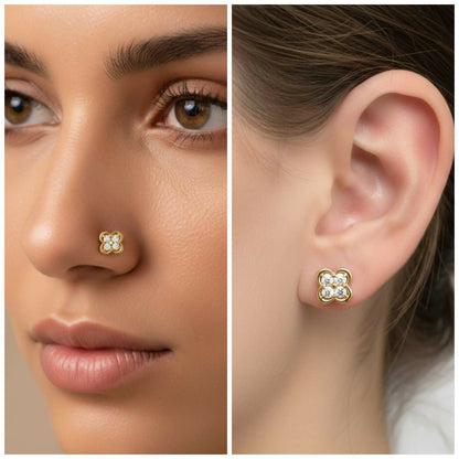 Set of four gold plated clover flat back nose studs for versatile piercings