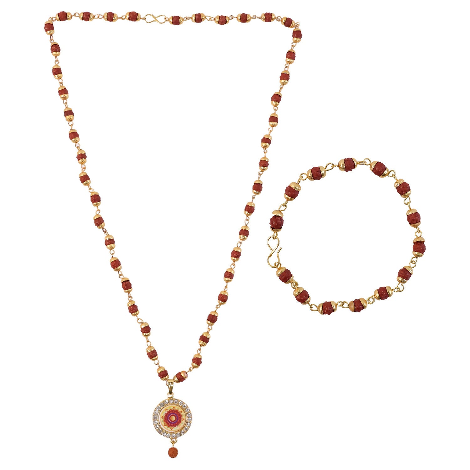Rudraksha Gold Necklace & Bracelet Set with Mandala Pendant