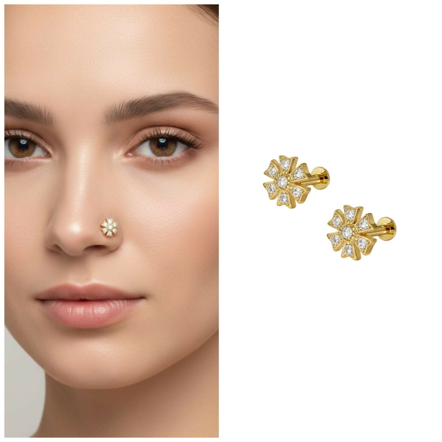 Gold plated floral nosepin stud with sparkling cubic zirconia crystal