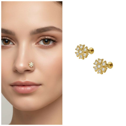 Gold plated floral nosepin stud with sparkling cubic zirconia crystal