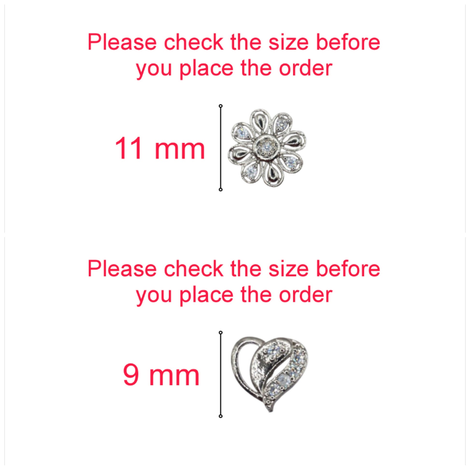 Silver heart and flower stud earrings worn on ear showing shine and detail