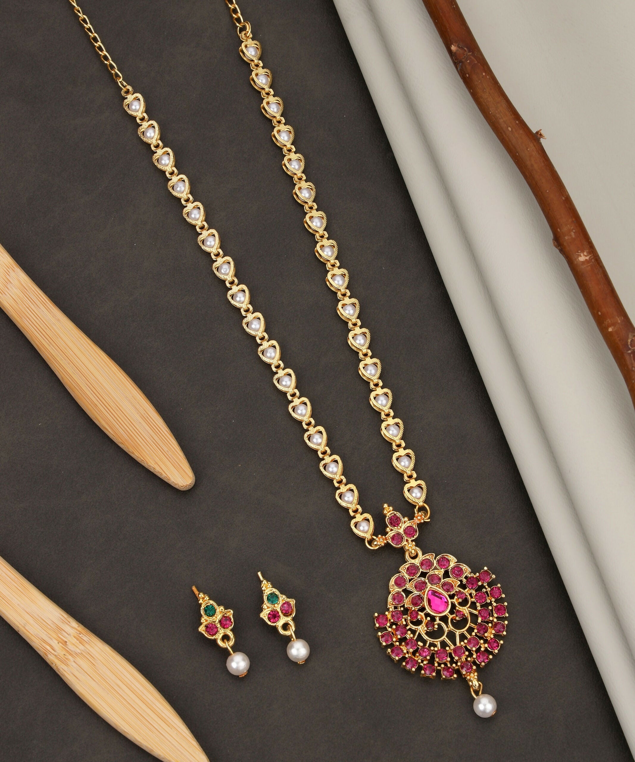 Gold Ruby Red Crystal Heart Choker & Earrings Set