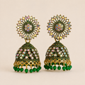 Green Jhumka Earrings for Women – Gold-Tone Kundan Studded Dome Earrings with Green Beads