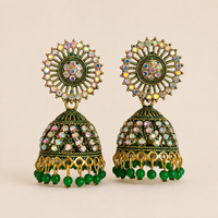 Green Jhumka Earrings for Women – Gold-Tone Kundan Studded Dome Earrings with Green Beads