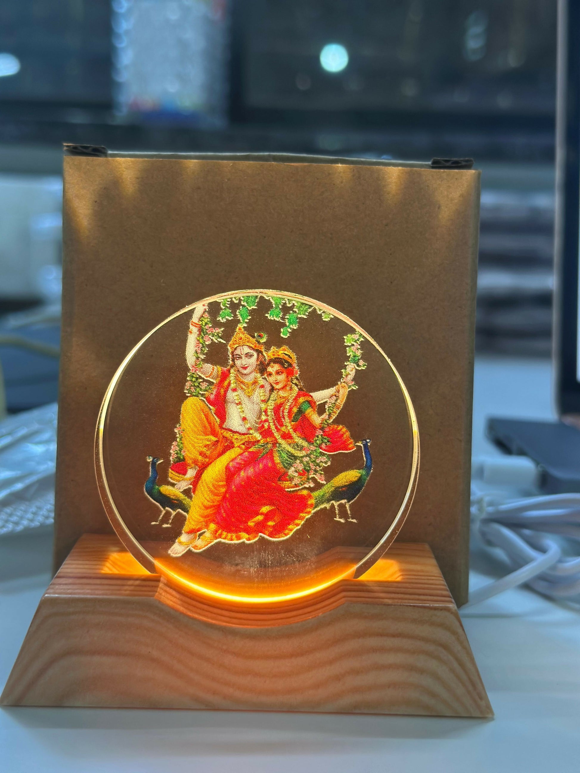 Radha Krishna Acrylic LED Lamp with Wooden Base | Decorative Night Light