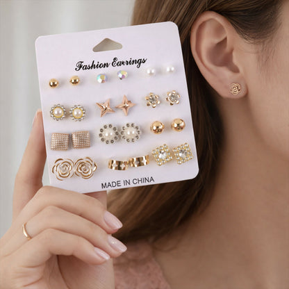 Gold Plated Multi Design Stud Earrings Set for Women & Girls – Fashion Combo Earrings Pack (12 Pairs)