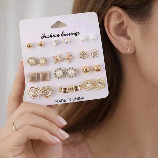 Gold Plated Multi Design Stud Earrings Set for Women & Girls – Fashion Combo Earrings Pack (12 Pairs)