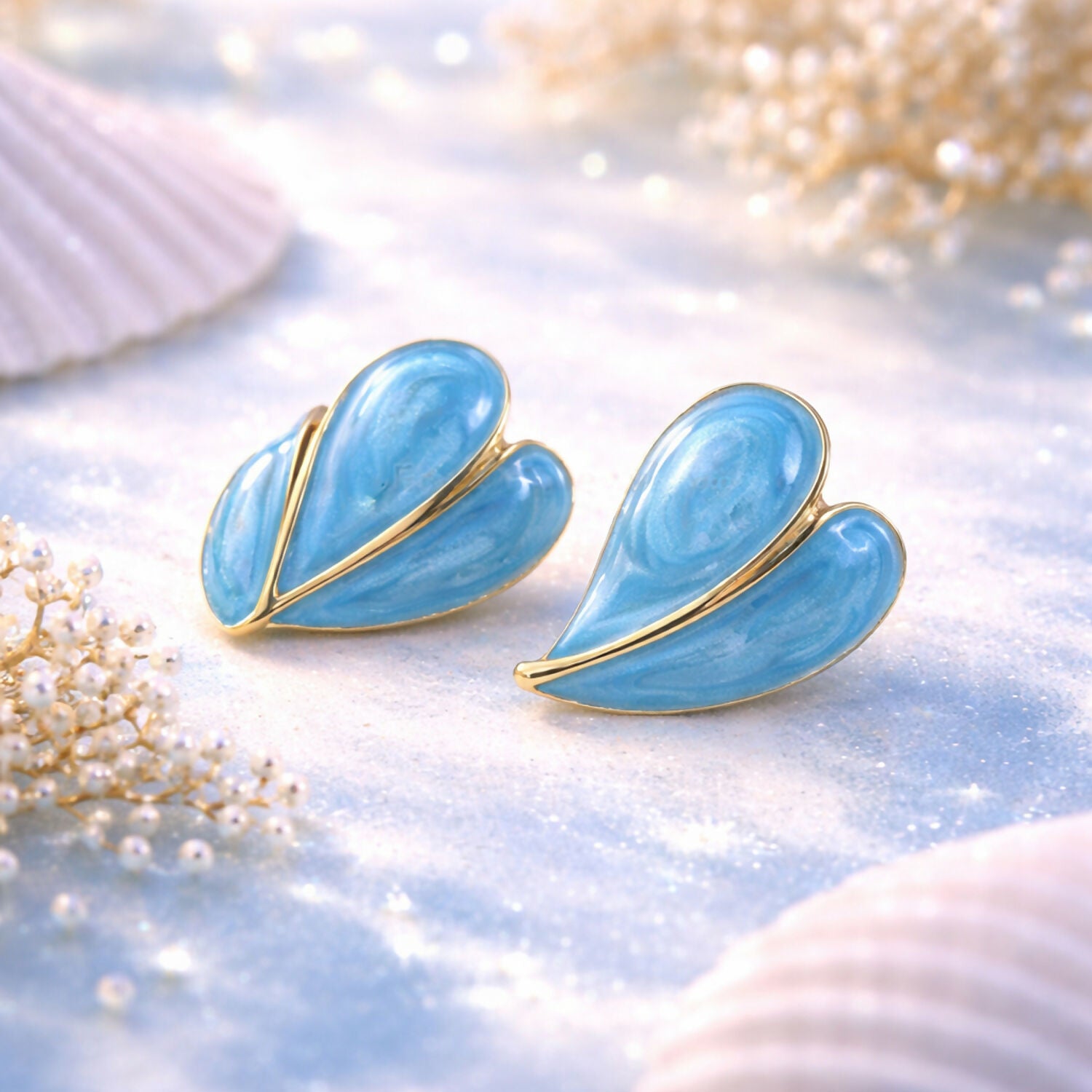 Elegant Sky Blue Glossy Leaf Design Stud Earrings with Gold Finish for Women