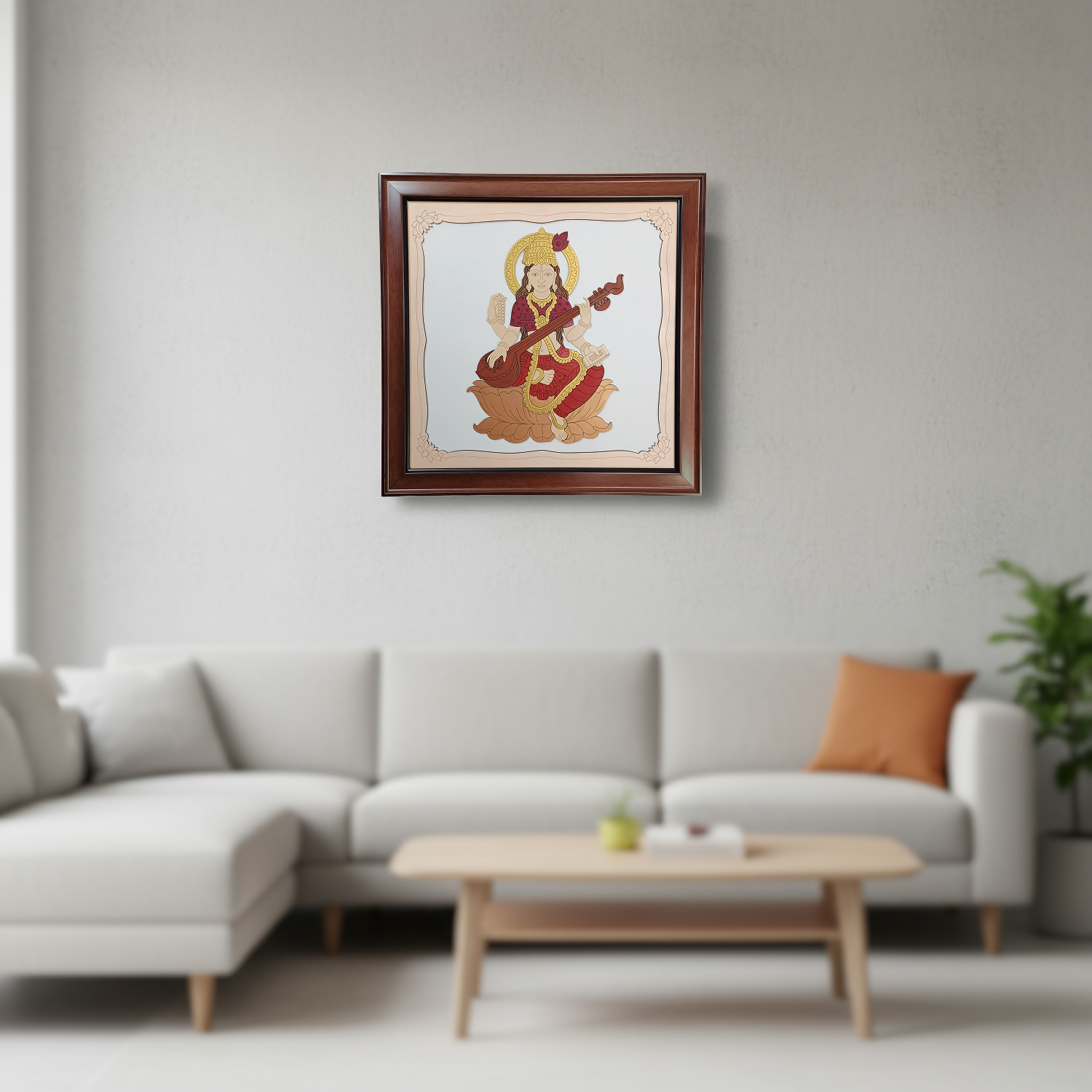 Goddess Saraswati Wooden Framed Wall Art | Handcrafted Hindu Religious Painting for Home, Office & Pooja Room | Premium Spiritual Decor