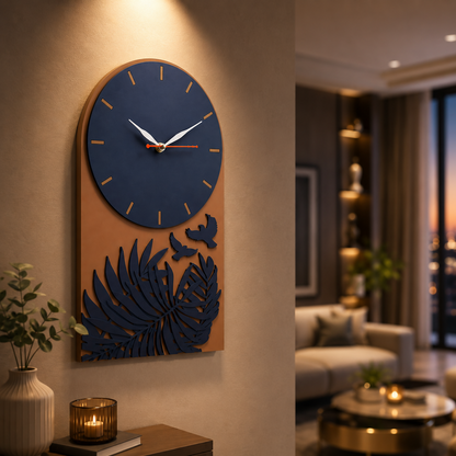 Tropical Leaf Bird Designer Layered MDF Wall Clock Modern Luxury Home Wall Décor in-use view for festive gifting home decor