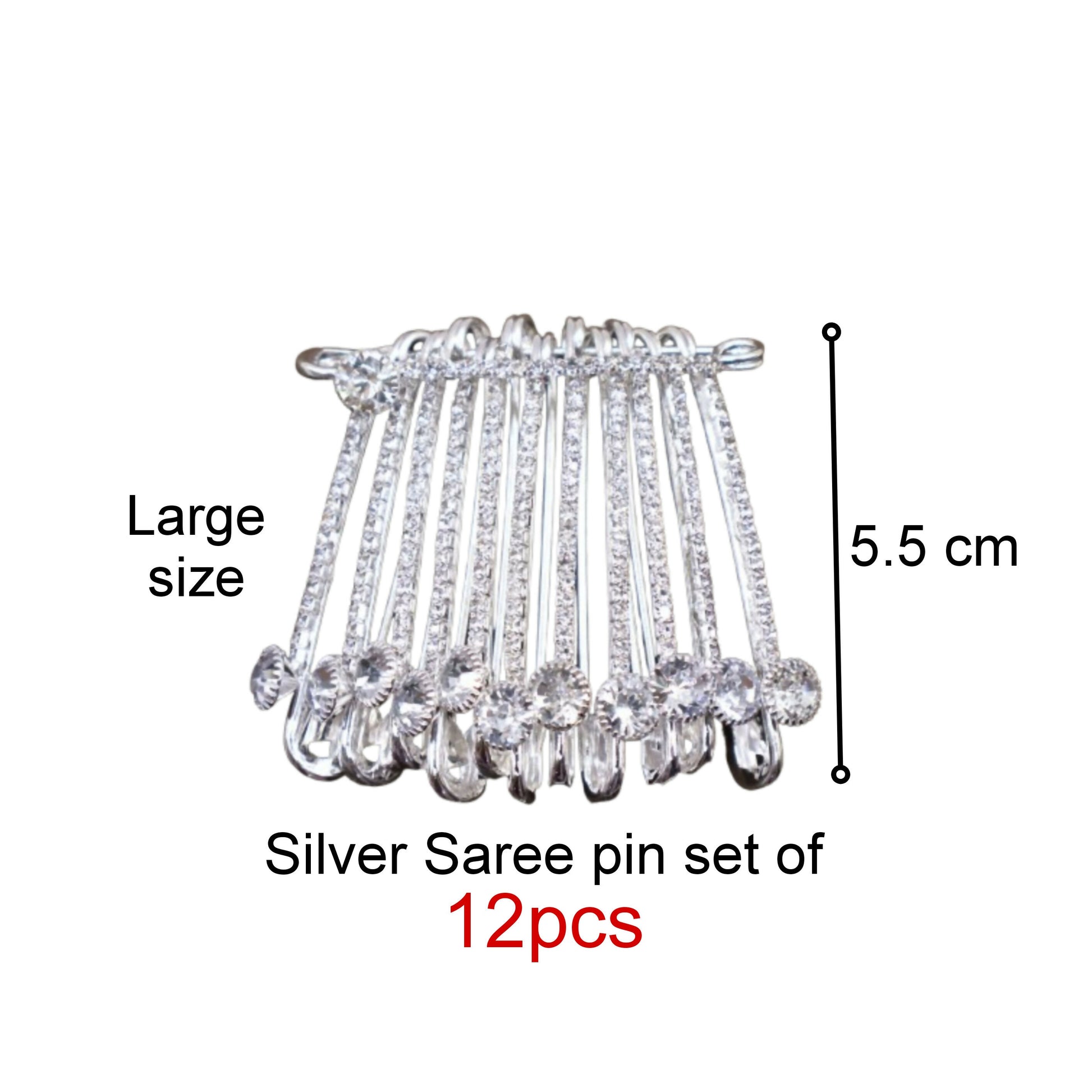 Silver Tone Crystal Dangle Saree Pin Brooch - 12 Pin Rhinestone Clip