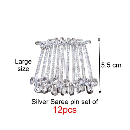 Silver Tone Crystal Dangle Saree Pin Brooch - 12 Pin Rhinestone Clip
